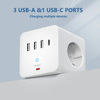 7-in-1 EU Power Strip, Power Strip Surge Protector 3 AC Outlets 3 USB 1 Type-C, Desktop Charging Station With Overload Protecti