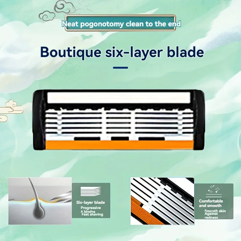 6-layer razor blade, men's stainless steel blade, classic water washed razor, sharp blade for clean shaving