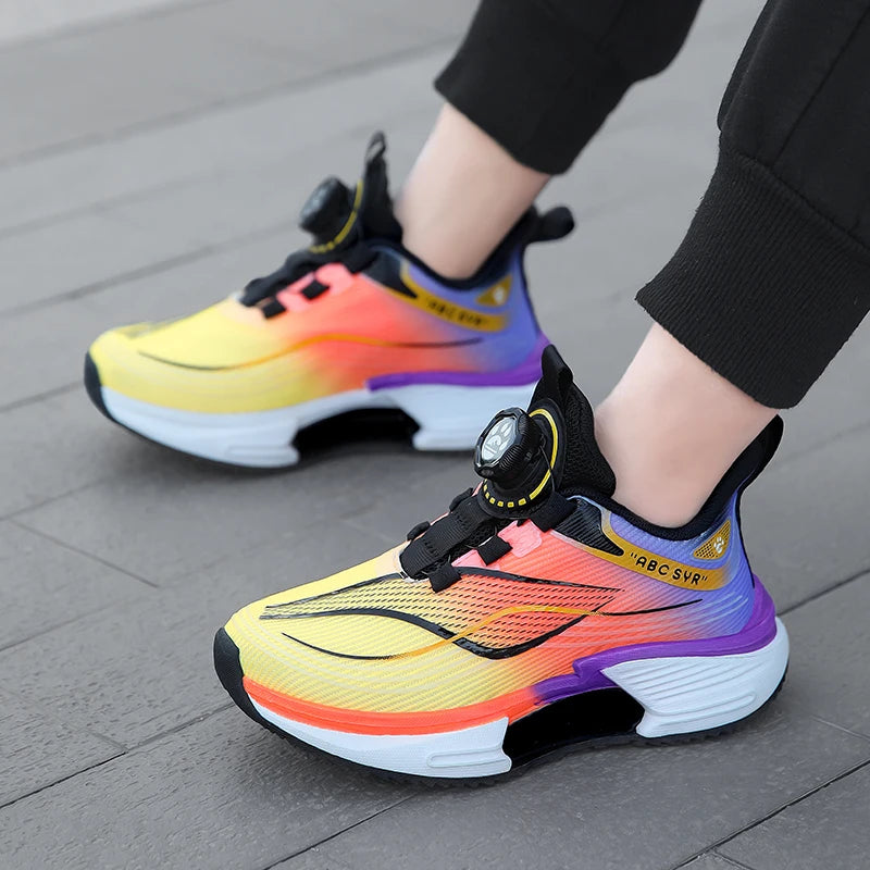 Kids Sneakers Rotating Button Lightweight Flat Mesh Breathale Comfortable Running Shoes Childrens Sports Shoes for Boy Girl