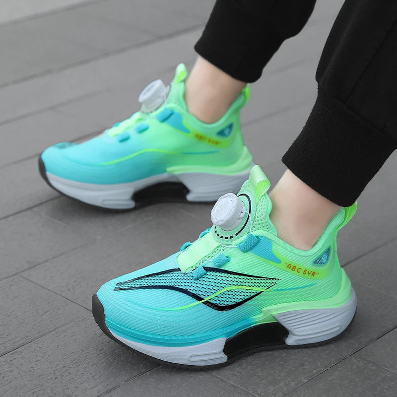 Kids Sneakers Rotating Button Lightweight Flat Mesh Breathale Comfortable Running Shoes Childrens Sports Shoes for Boy Girl