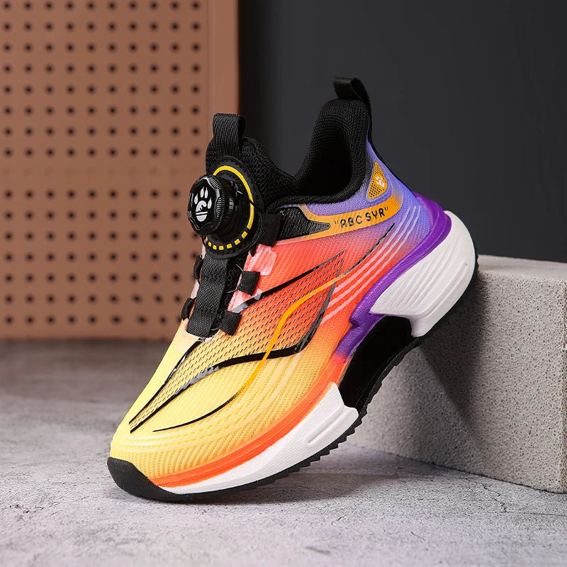 Kids Sneakers Rotating Button Lightweight Flat Mesh Breathale Comfortable Running Shoes Childrens Sports Shoes for Boy Girl