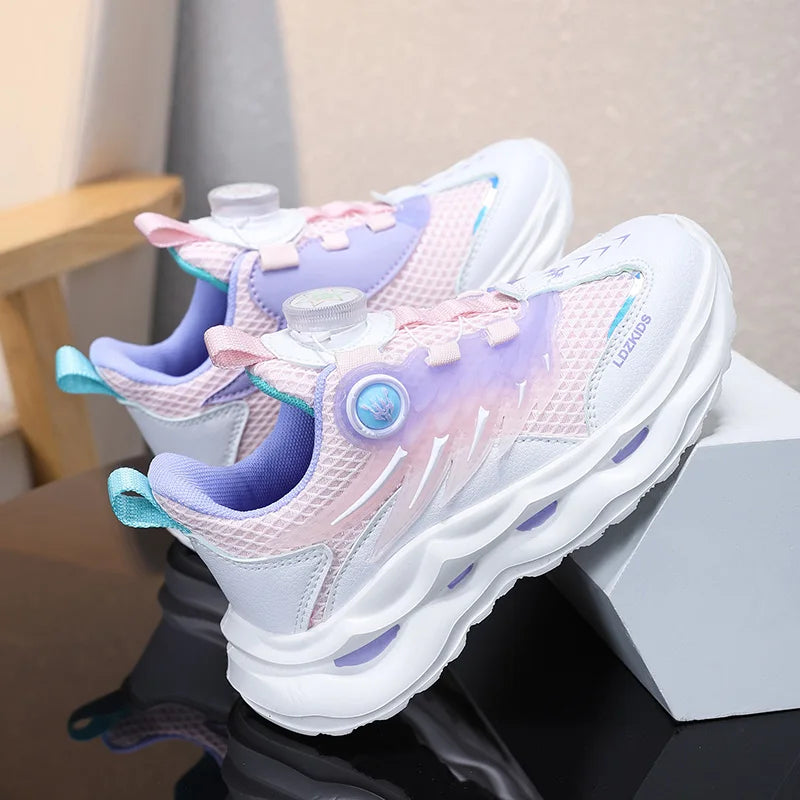 Childrens Running Shoes Rotating Buckle Mesh Breathable Walking Outdoor Cushioning Casual Sports Footwear for Kids Tennis Shoes