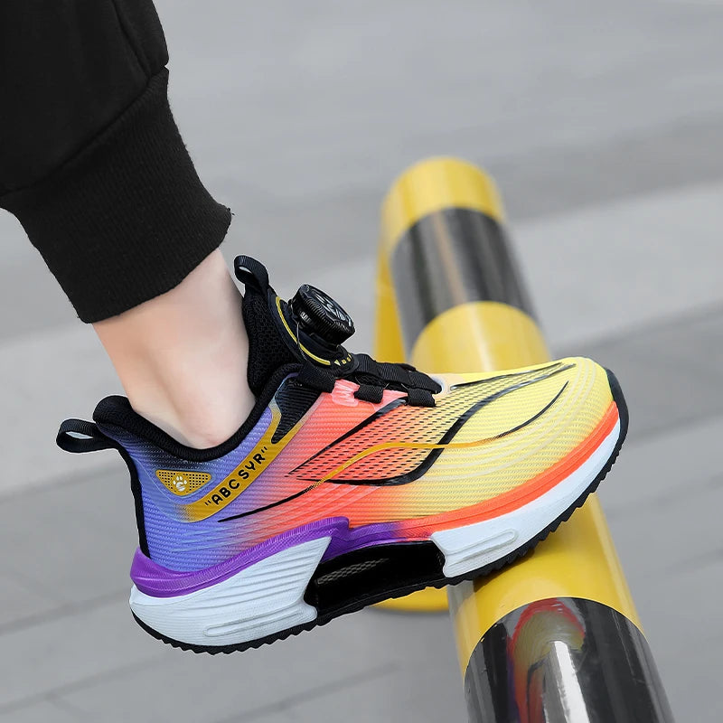 Kids Sneakers Rotating Button Lightweight Flat Mesh Breathale Comfortable Running Shoes Childrens Sports Shoes for Boy Girl