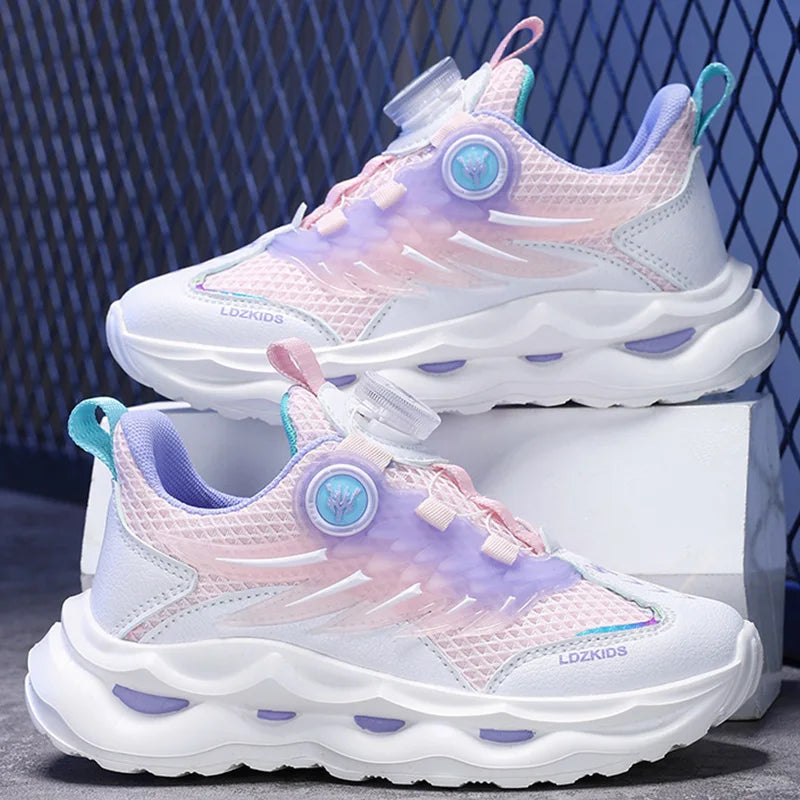 Childrens Running Shoes Rotating Buckle Mesh Breathable Walking Outdoor Cushioning Casual Sports Footwear for Kids Tennis Shoes