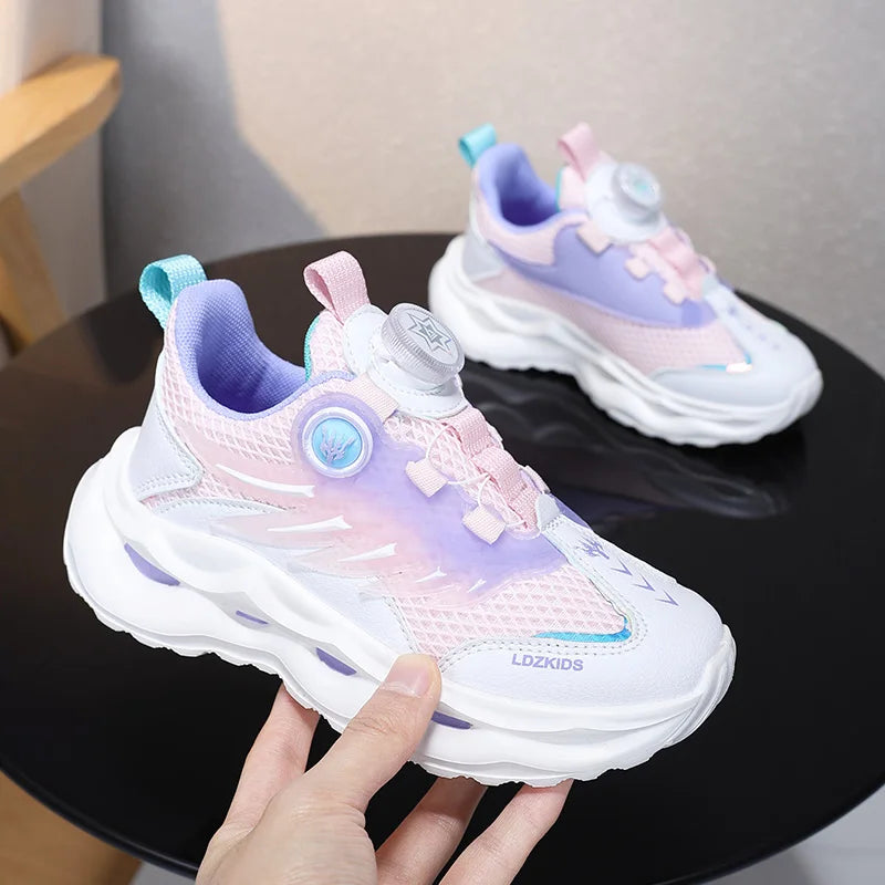 Childrens Running Shoes Rotating Buckle Mesh Breathable Walking Outdoor Cushioning Casual Sports Footwear for Kids Tennis Shoes