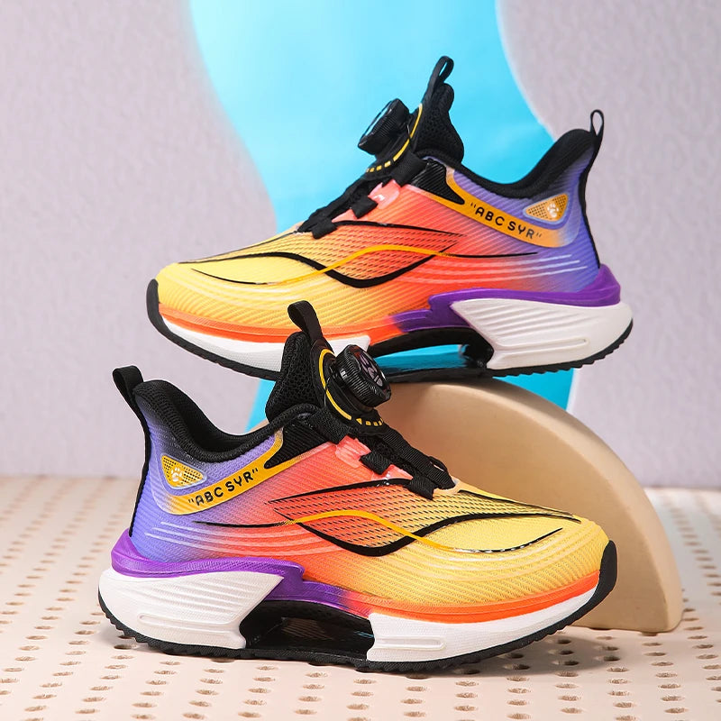 Kids Sneakers Rotating Button Lightweight Flat Mesh Breathale Comfortable Running Shoes Childrens Sports Shoes for Boy Girl